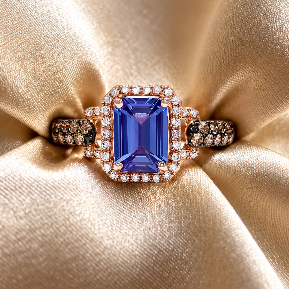 Fashion Two Tone Halo Emerald Cut Blue Sapphire Engagement Ring