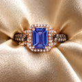 Fashion Two Tone Halo Emerald Cut Blue Sapphire Engagement Ring