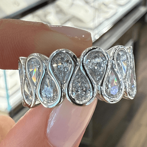 Double Row Bezel Pear Cut White Sapphire Eternity Wedding Band For Women