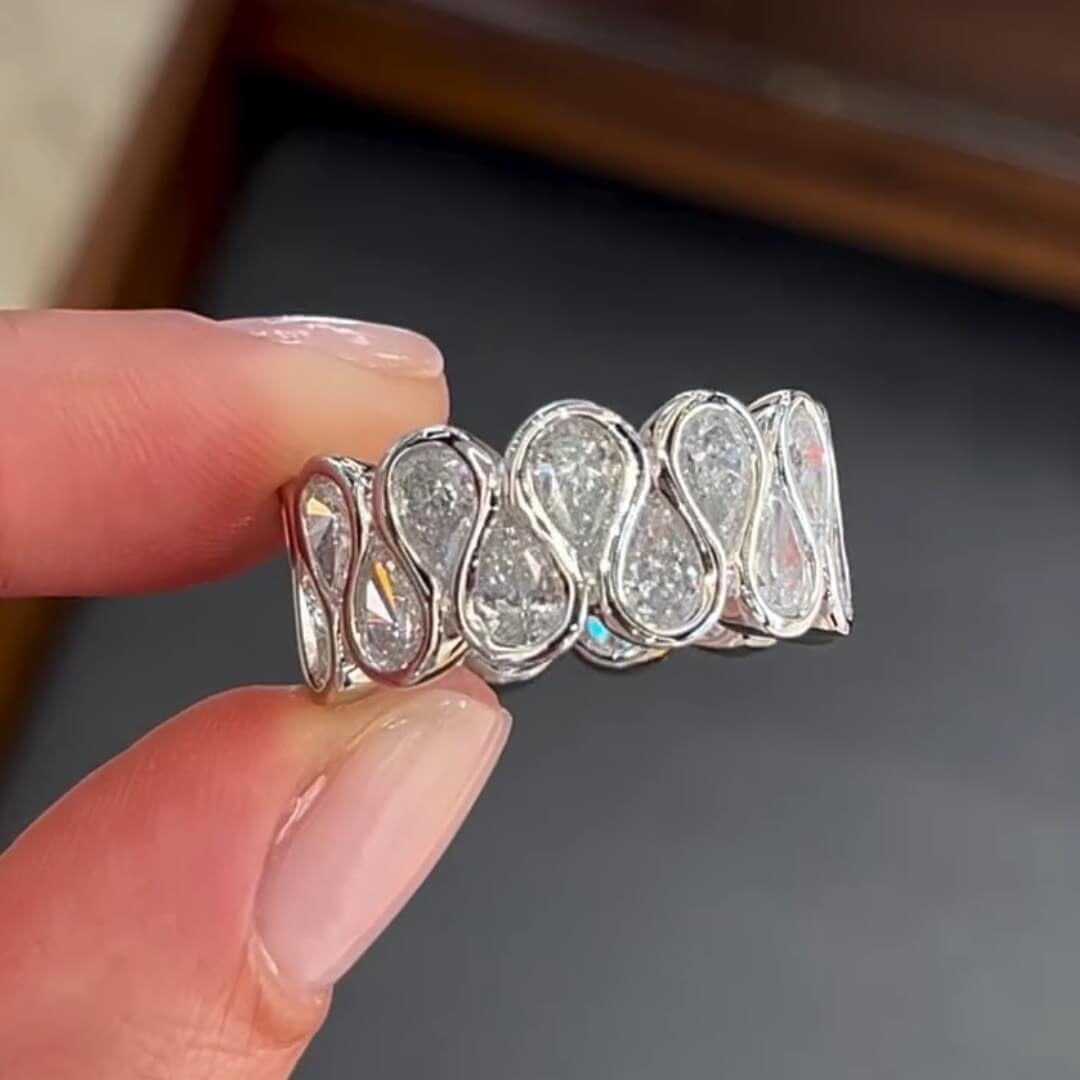 Double Row Bezel Pear Cut White Sapphire Eternity Wedding Band For Women