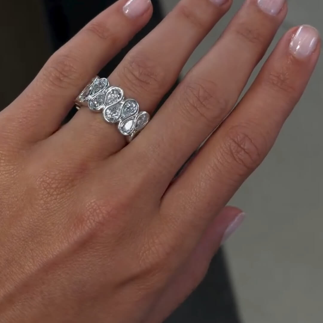 Double Row Bezel Pear Cut White Sapphire Eternity Wedding Band For Women