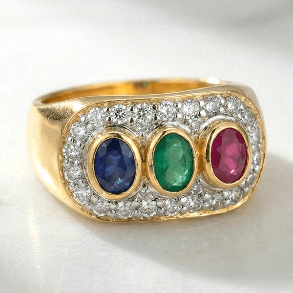 Vintage Two Tone Halo Oval Cut Blue & Ruby & Emerald Sapphire Engagement Ring