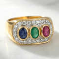 Vintage Two Tone Halo Oval Cut Blue & Ruby & Emerald Sapphire Engagement Ring