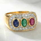 Vintage Two Tone Halo Oval Cut Blue & Ruby & Emerald Sapphire Engagement Ring