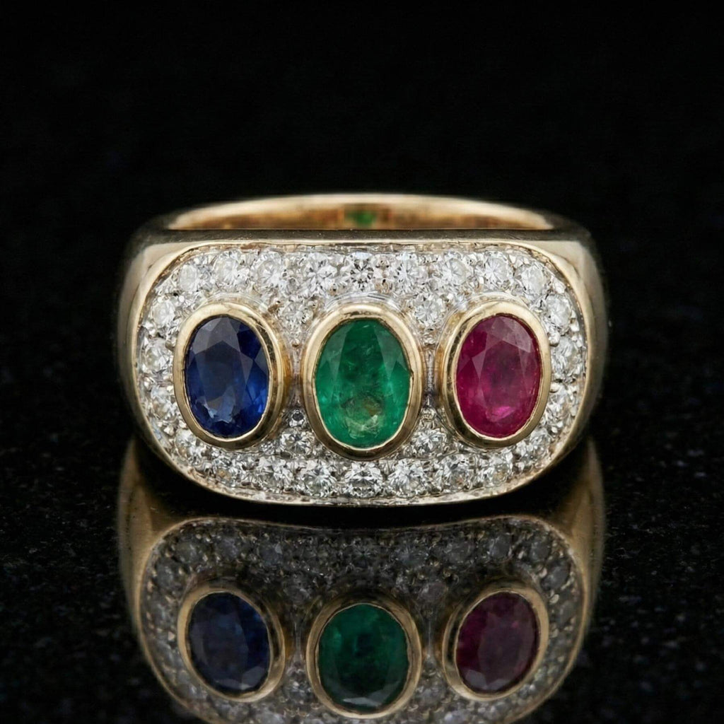 Vintage Two Tone Halo Oval Cut Blue & Ruby & Emerald Sapphire Engagement Ring