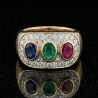 Vintage Two Tone Halo Oval Cut Blue & Ruby & Emerald Sapphire Engagement Ring