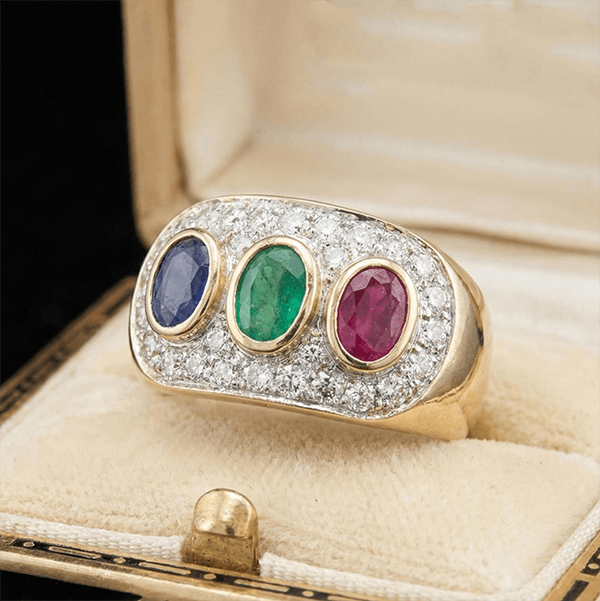 Vintage Two Tone Halo Oval Cut Blue & Ruby & Emerald Sapphire Engagement Ring