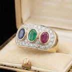 Vintage Two Tone Halo Oval Cut Blue & Ruby & Emerald Sapphire Engagement Ring