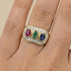 Vintage Two Tone Halo Oval Cut Blue & Ruby & Emerald Sapphire Engagement Ring