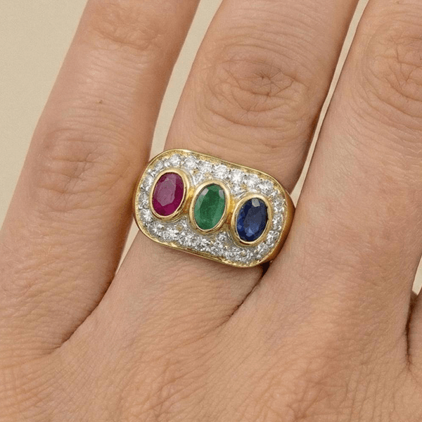 Vintage Two Tone Halo Oval Cut Blue & Ruby & Emerald Sapphire Engagement Ring