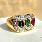 Vintage Two Tone Halo Oval Cut Blue & Ruby & Emerald Sapphire Engagement Ring