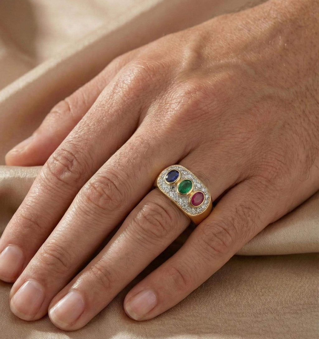 Vintage Two Tone Halo Oval Cut Blue & Ruby & Emerald Sapphire Engagement Ring