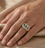 Vintage Two Tone Halo Oval Cut Blue & Ruby & Emerald Sapphire Engagement Ring