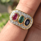 Vintage Two Tone Halo Oval Cut Blue & Ruby & Emerald Sapphire Engagement Ring