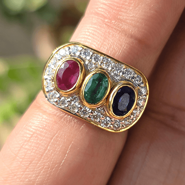Vintage Two Tone Halo Oval Cut Blue & Ruby & Emerald Sapphire Engagement Ring