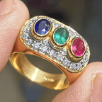 Vintage Two Tone Halo Oval Cut Blue & Ruby & Emerald Sapphire Engagement Ring