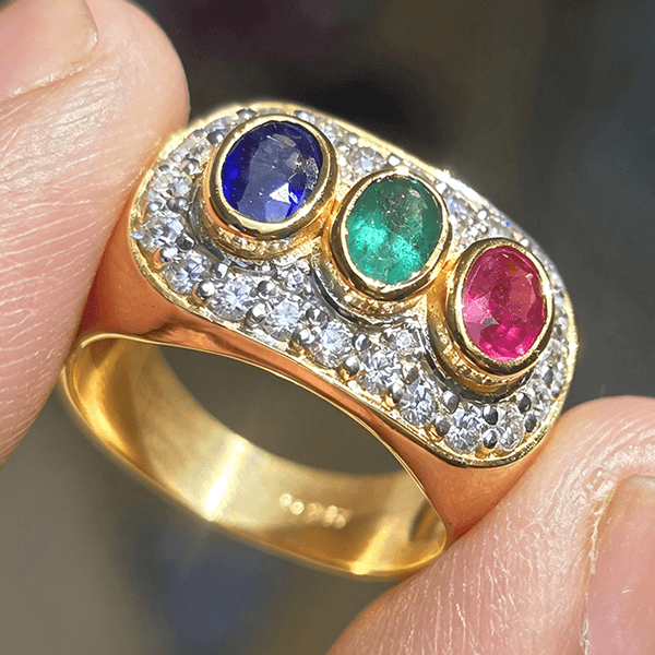 Vintage Two Tone Halo Oval Cut Blue & Ruby & Emerald Sapphire Engagement Ring