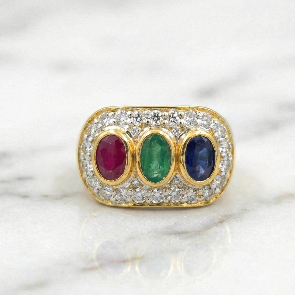 Vintage Two Tone Halo Oval Cut Blue & Ruby & Emerald Sapphire Engagement Ring