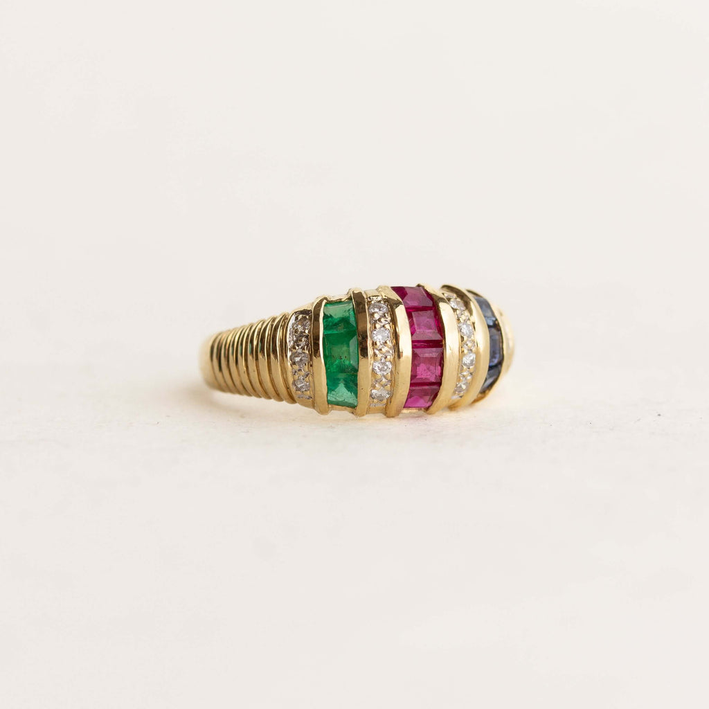 Vintage Yellow Gold Asscher Cut Ruby & Blue & Emerald Sapphire Half Eternity Wedding Band For Women
