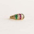 Vintage Yellow Gold Asscher Cut Ruby & Blue & Emerald Sapphire Half Eternity Wedding Band For Women