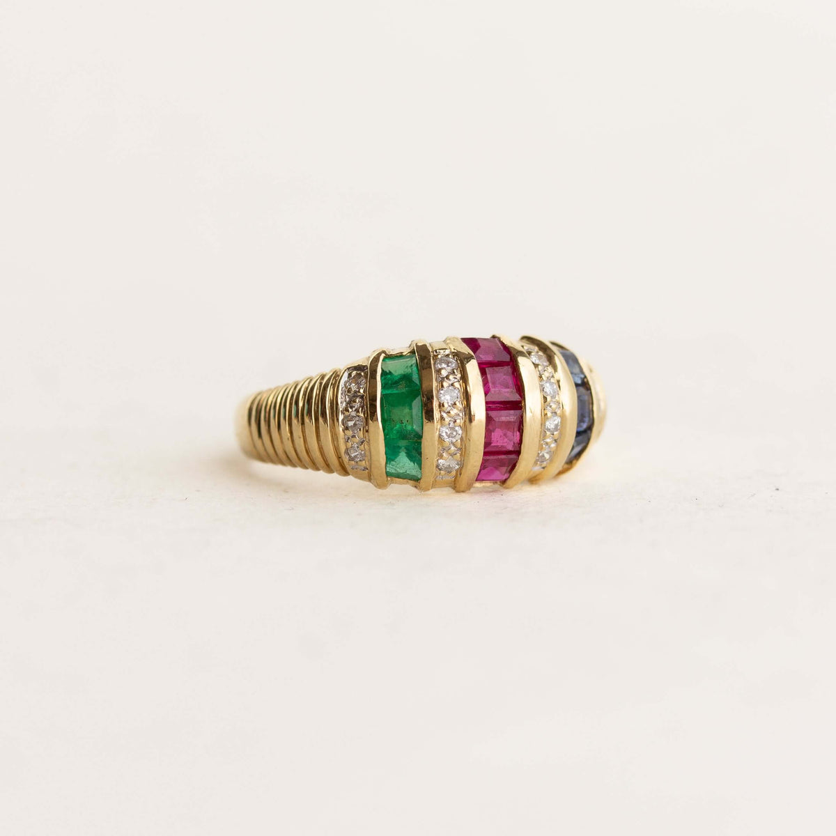 Vintage Yellow Gold Asscher Cut Ruby & Blue & Emerald Sapphire Half Eternity Wedding Band For Women
