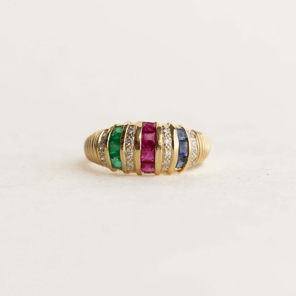 Vintage Yellow Gold Asscher Cut Ruby & Blue & Emerald Sapphire Half Eternity Wedding Band For Women