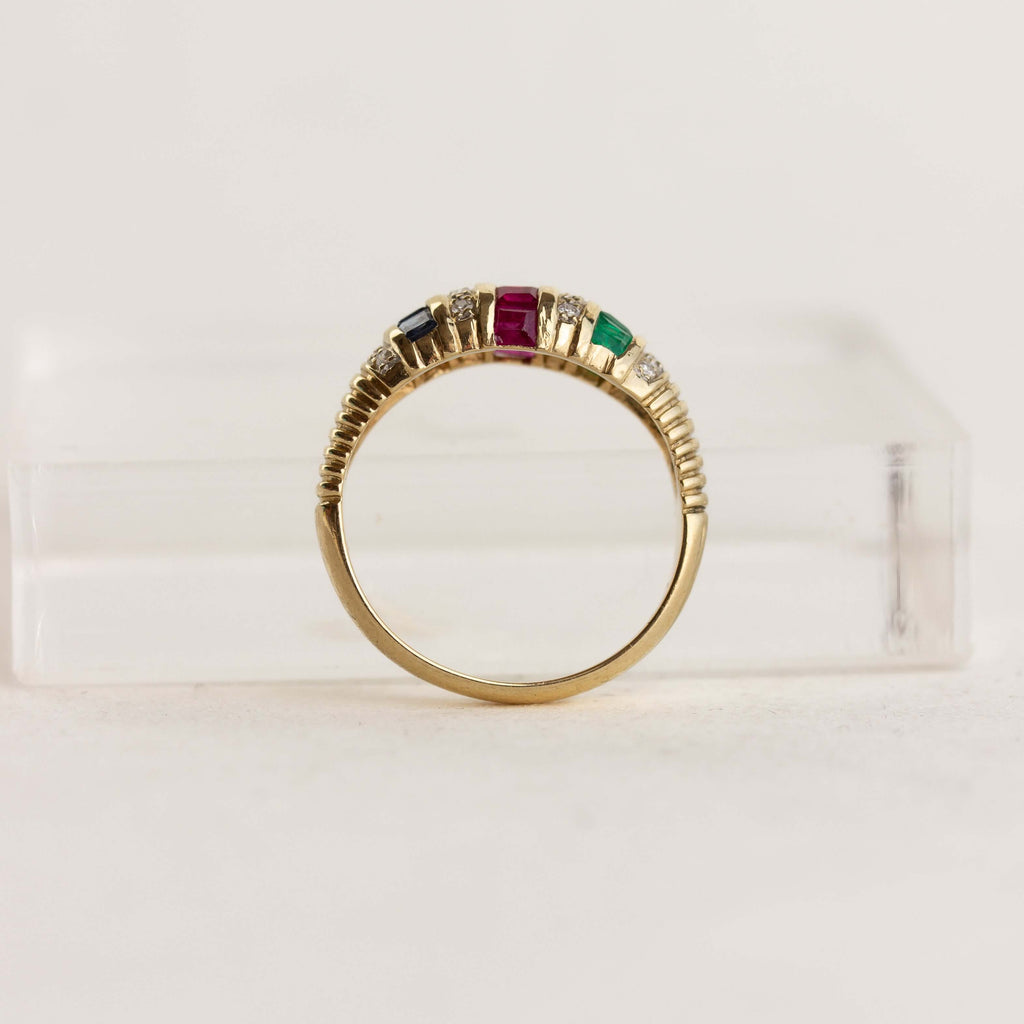 Vintage Yellow Gold Asscher Cut Ruby & Blue & Emerald Sapphire Half Eternity Wedding Band For Women