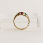 Vintage Yellow Gold Asscher Cut Ruby & Blue & Emerald Sapphire Half Eternity Wedding Band For Women