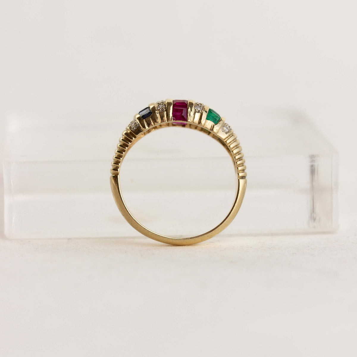 Vintage Yellow Gold Asscher Cut Ruby & Blue & Emerald Sapphire Half Eternity Wedding Band For Women