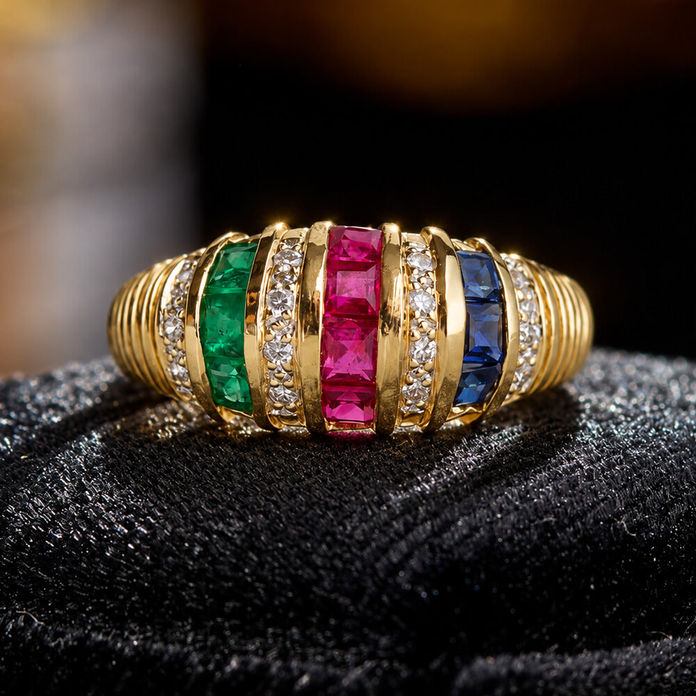 Vintage Yellow Gold Asscher Cut Ruby & Blue & Emerald Sapphire Half Eternity Wedding Band For Women