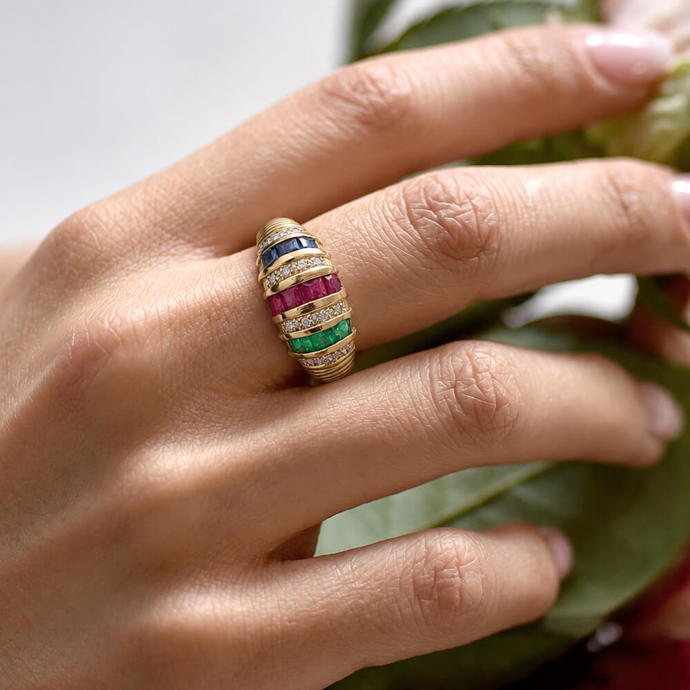 Vintage Yellow Gold Asscher Cut Ruby & Blue & Emerald Sapphire Half Eternity Wedding Band For Women