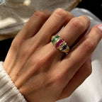 Vintage Yellow Gold Asscher Cut Ruby & Blue & Emerald Sapphire Half Eternity Wedding Band For Women