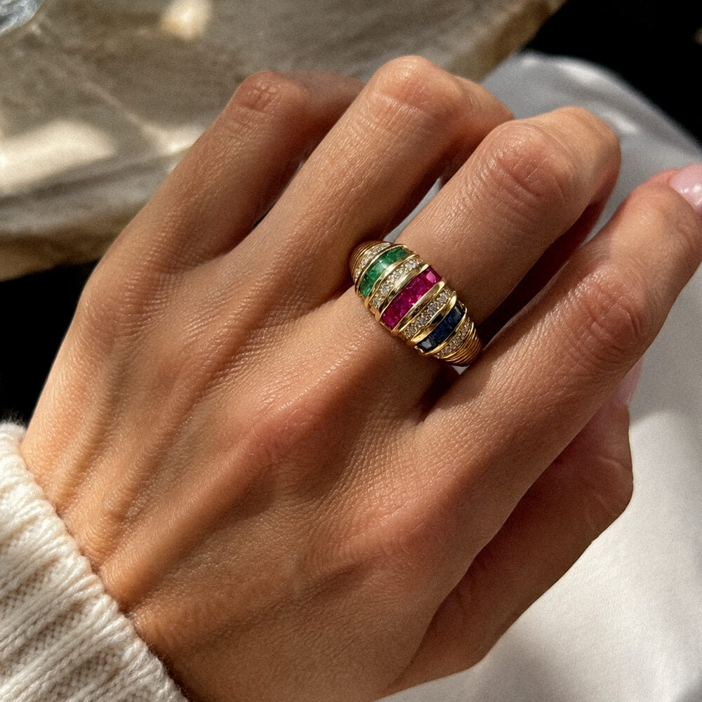 Vintage Yellow Gold Asscher Cut Ruby & Blue & Emerald Sapphire Half Eternity Wedding Band For Women