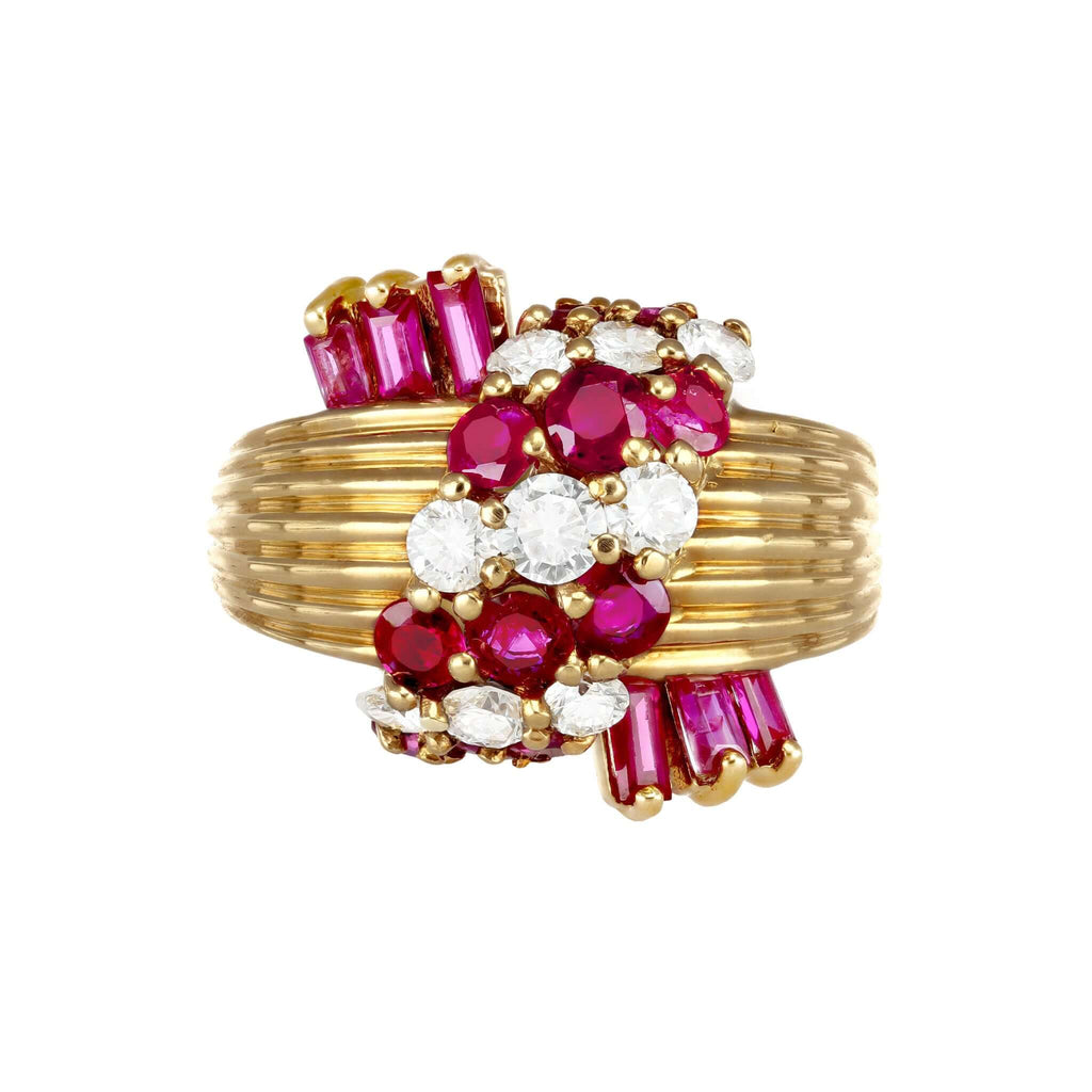 Fashion Yellow Gold Round & Baguette Cut Ruby & White Sapphire Cocktail Ring For Women