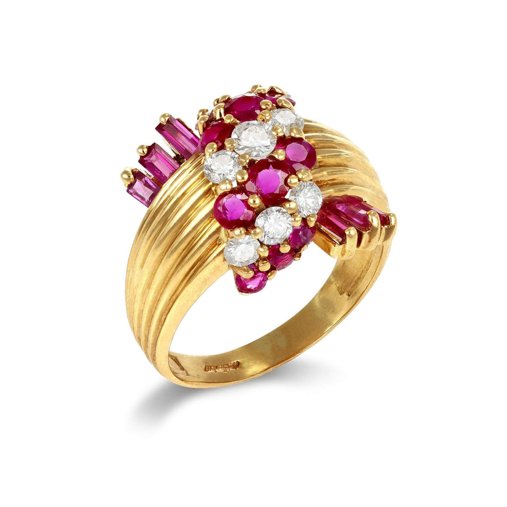 Fashion Yellow Gold Round & Baguette Cut Ruby & White Sapphire Cocktail Ring For Women