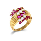 Fashion Yellow Gold Round & Baguette Cut Ruby & White Sapphire Cocktail Ring For Women