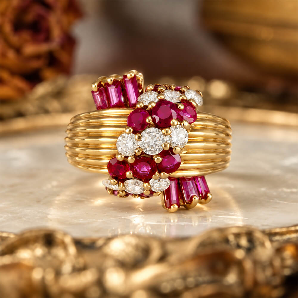 Fashion Yellow Gold Round & Baguette Cut Ruby & White Sapphire Cocktail Ring For Women