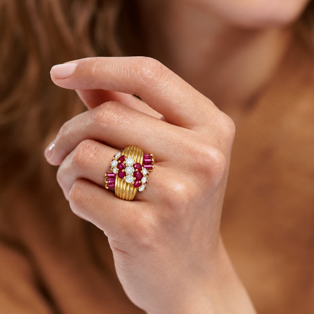 Fashion Yellow Gold Round & Baguette Cut Ruby & White Sapphire Cocktail Ring For Women
