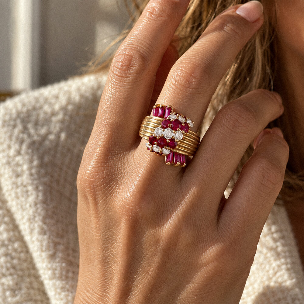 Fashion Yellow Gold Round & Baguette Cut Ruby & White Sapphire Cocktail Ring For Women