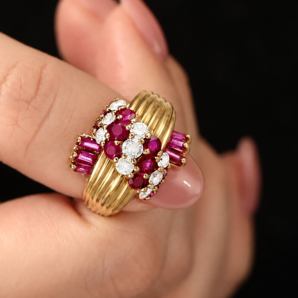 Fashion Yellow Gold Round & Baguette Cut Ruby & White Sapphire Cocktail Ring For Women