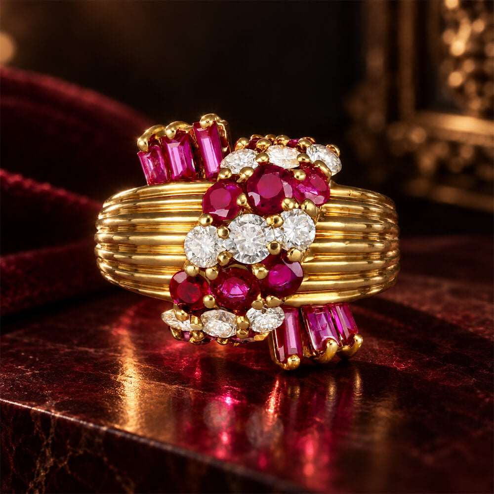 Fashion Yellow Gold Round & Baguette Cut Ruby & White Sapphire Cocktail Ring For Women