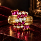 Fashion Yellow Gold Round & Baguette Cut Ruby & White Sapphire Cocktail Ring For Women
