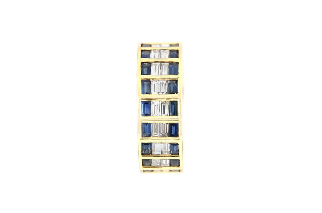 Classic Yellow Gold Multi Row Baguette Cut White & Blue Sapphire Eternity Wedding Band For Women