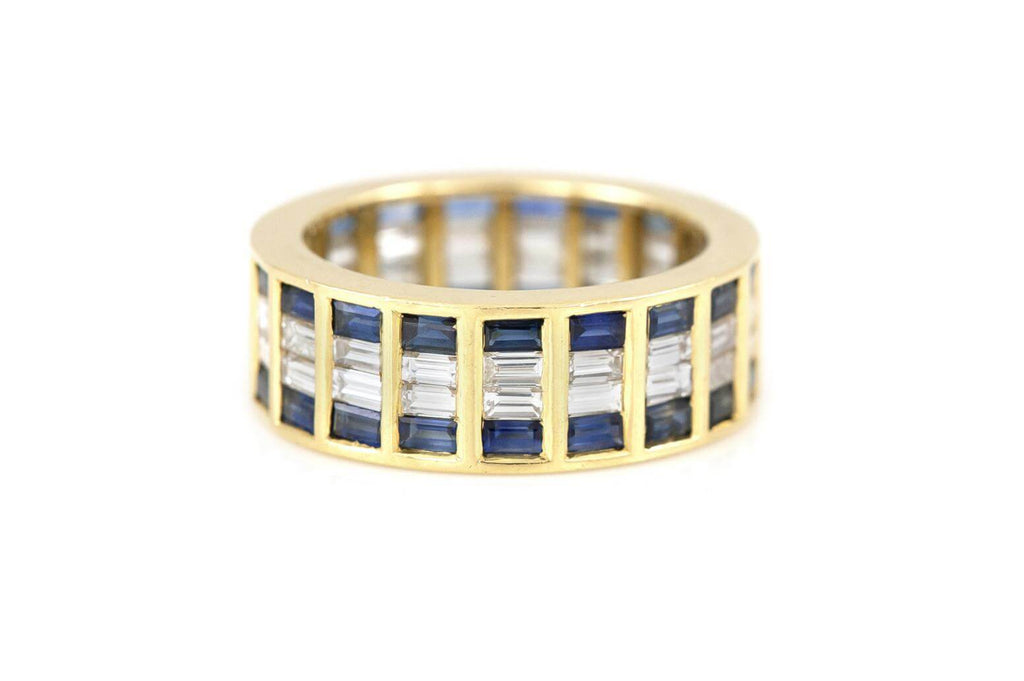 Classic Yellow Gold Multi Row Baguette Cut White & Blue Sapphire Eternity Wedding Band For Women