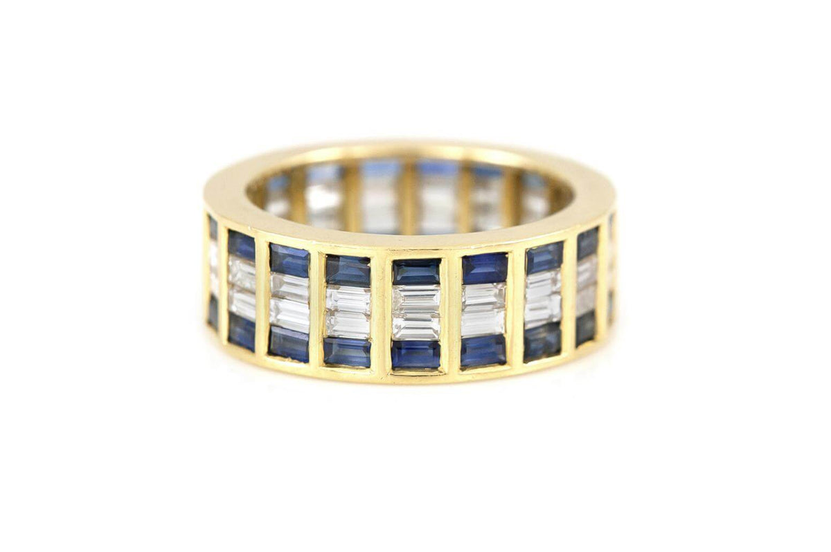 Classic Yellow Gold Multi Row Baguette Cut White & Blue Sapphire Eternity Wedding Band For Women