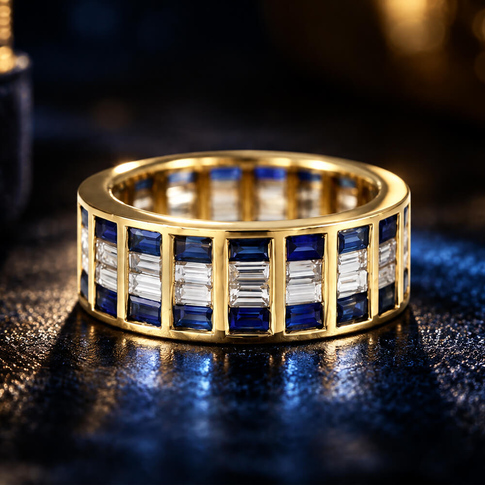 Classic Yellow Gold Multi Row Baguette Cut White & Blue Sapphire Eternity Wedding Band For Women