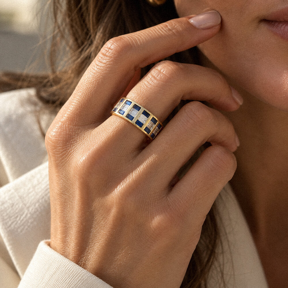 Classic Yellow Gold Multi Row Baguette Cut White & Blue Sapphire Eternity Wedding Band For Women
