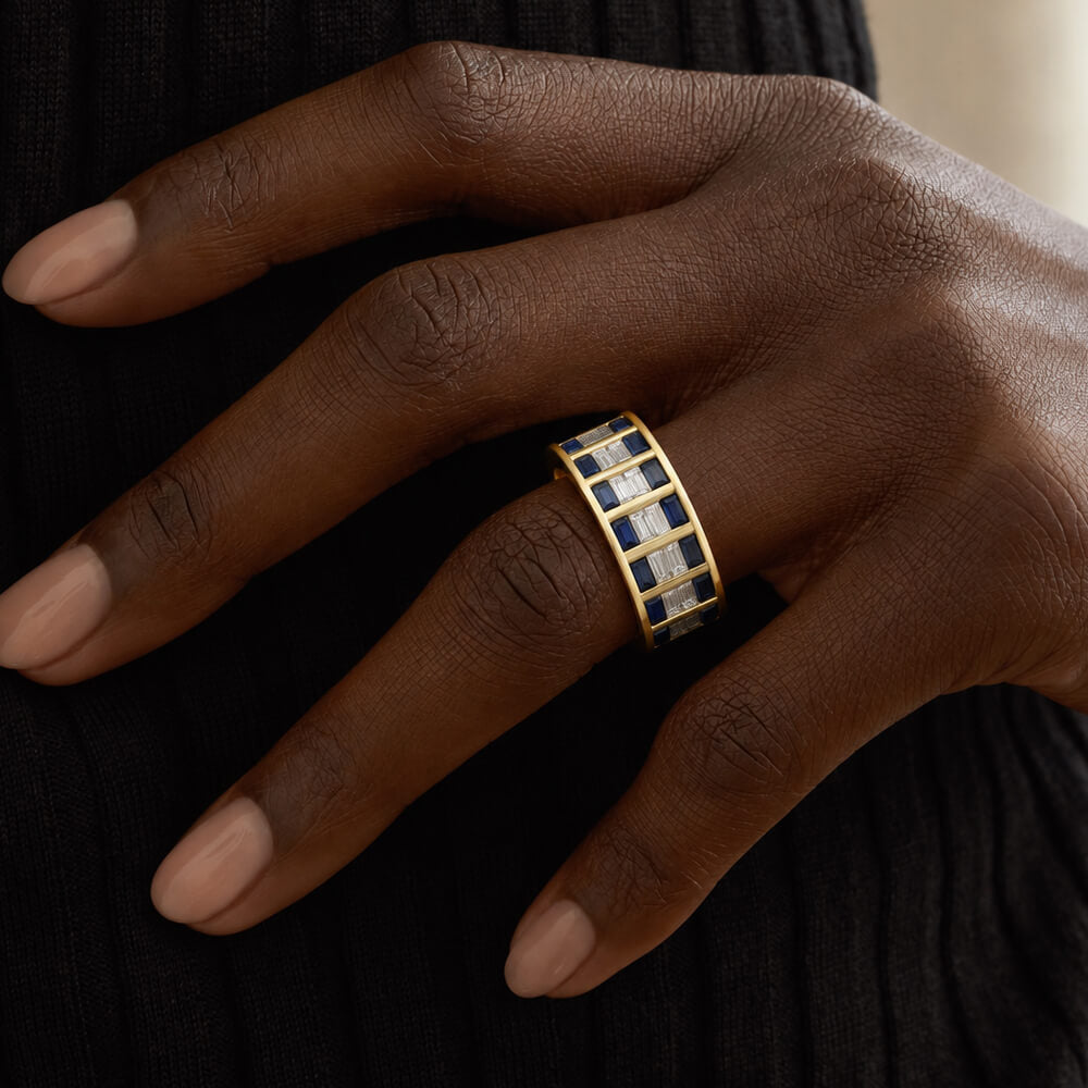 Classic Yellow Gold Multi Row Baguette Cut White & Blue Sapphire Eternity Wedding Band For Women