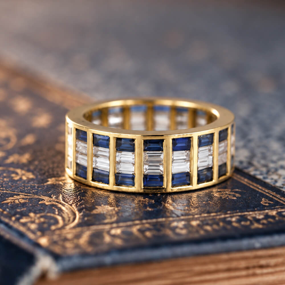 Classic Yellow Gold Multi Row Baguette Cut White & Blue Sapphire Eternity Wedding Band For Women