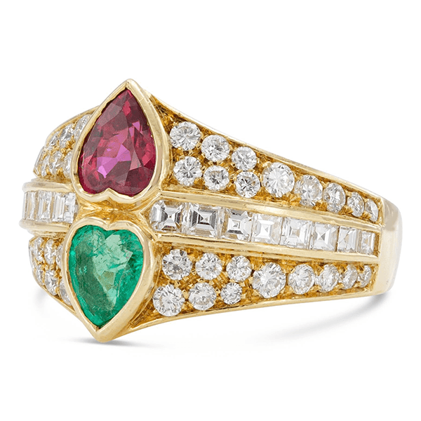 Vintage Bezel Heart Cut Ruby & Emerald Sapphire Engagement Ring